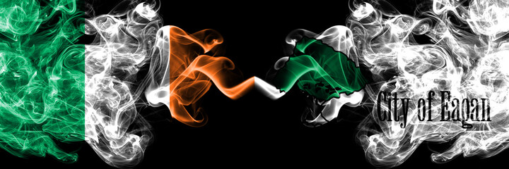 Republic of Ireland, Irish vs United States of America, America, US, USA, American, Eagan, Minnesota smoky mystic flags placed side by side. Thick colored silky abstract smoke flags.