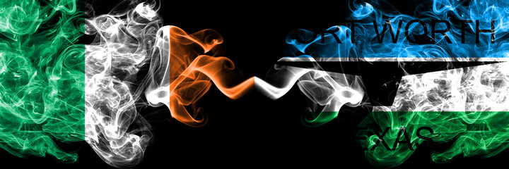 Republic of Ireland, Irish vs United States of America, America, US, USA, American, Fort Worth, Texas smoky mystic flags placed side by side. Thick colored silky abstract smoke flags.