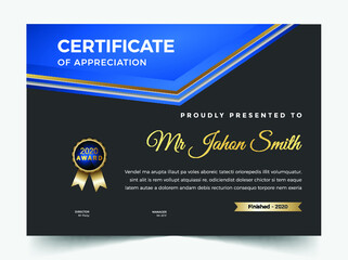 Professional elegant blue and gold diploma certificate template