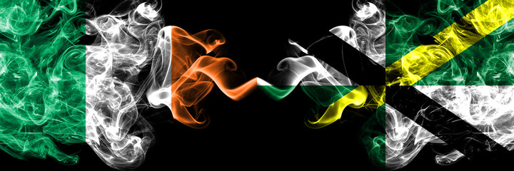 Republic of Ireland, Irish vs United States of America, America, US, USA, American, Monterey, California smoky mystic flags placed side by side. Thick colored silky abstract smoke flags.