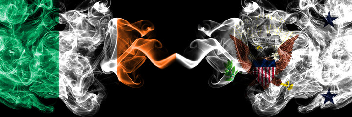 Republic of Ireland, Irish vs United States of America, America, US, USA, American, Vice President smoky mystic flags placed side by side. Thick colored silky abstract smoke flags.