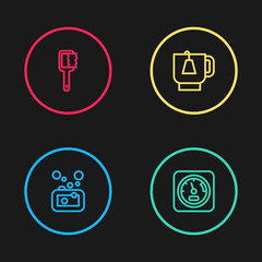 Set line Bar of soap, Sauna thermometer, Cup tea with tea bag and brush icon. Vector.