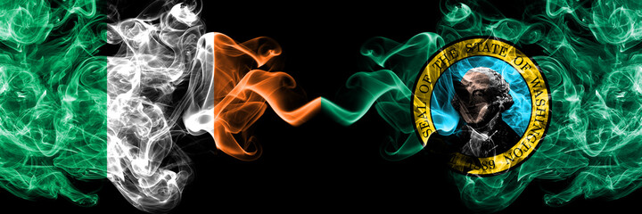 Republic of Ireland, Irish vs United States of America, America, US, USA, American, Washington smoky mystic flags placed side by side. Thick colored silky abstract smoke flags.