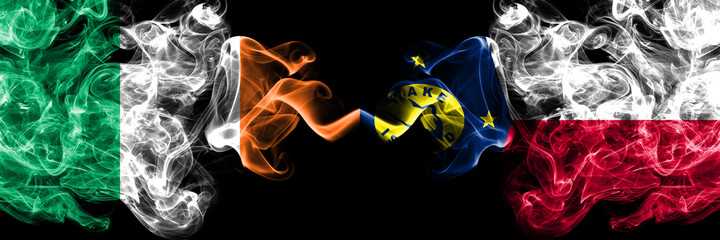Republic of Ireland, Irish vs United States of America, America, US, USA, American, Wake Island smoky mystic flags placed side by side. Thick colored silky abstract smoke flags.
