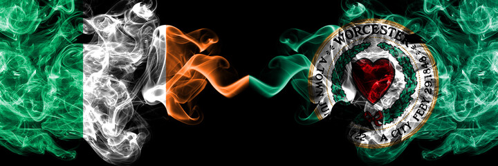 Republic of Ireland, Irish vs United States of America, America, US, USA, American, Worcester, Massachusetts smoky mystic flags placed side by side. Thick colored silky abstract smoke flags.