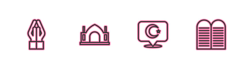 Set line Hands in praying position, Star crescent, Hindu spiritual temple and The commandments icon. Vector.