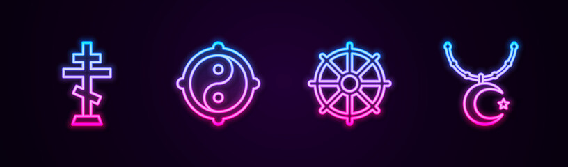 Set line Christian cross, Yin Yang, Dharma wheel and Star and crescent on chain. Glowing neon icon. Vector.