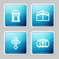 Set line Muslim Mosque, Kaaba mosque, Christian cross and Easter egg icon. Vector.