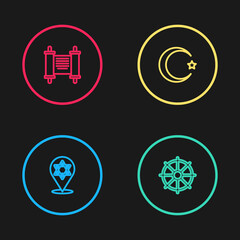 Set line Star of David, Dharma wheel, and crescent and Decree, paper, parchment, scroll icon. Vector.