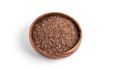 Flax Seeds in wooden bowl isolated on a white background.