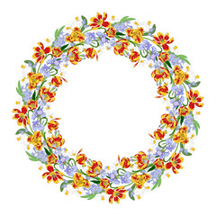 round frame of tulips and irises, daffodils and hyacinths