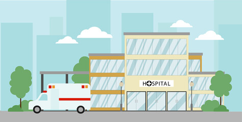 hospital building in flat style. There are trees and an ambulance around the hospital. Medea banner concept - obrazy, fototapety, plakaty