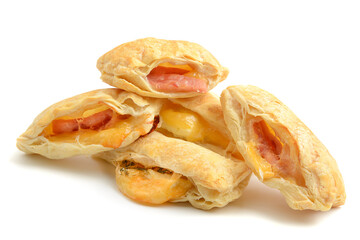 Croissants with melted cheese and ham.Homemade cakes.Healthy breakfast.White isolated background.