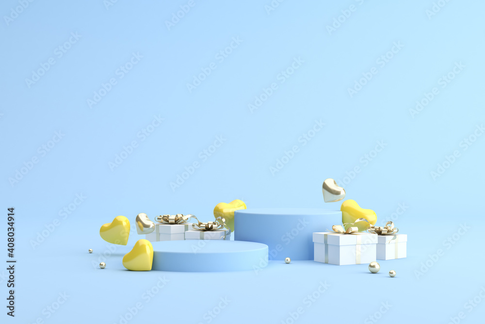 Poster Mock up podium of gift box with balloons in heart shape. 3d rendering.