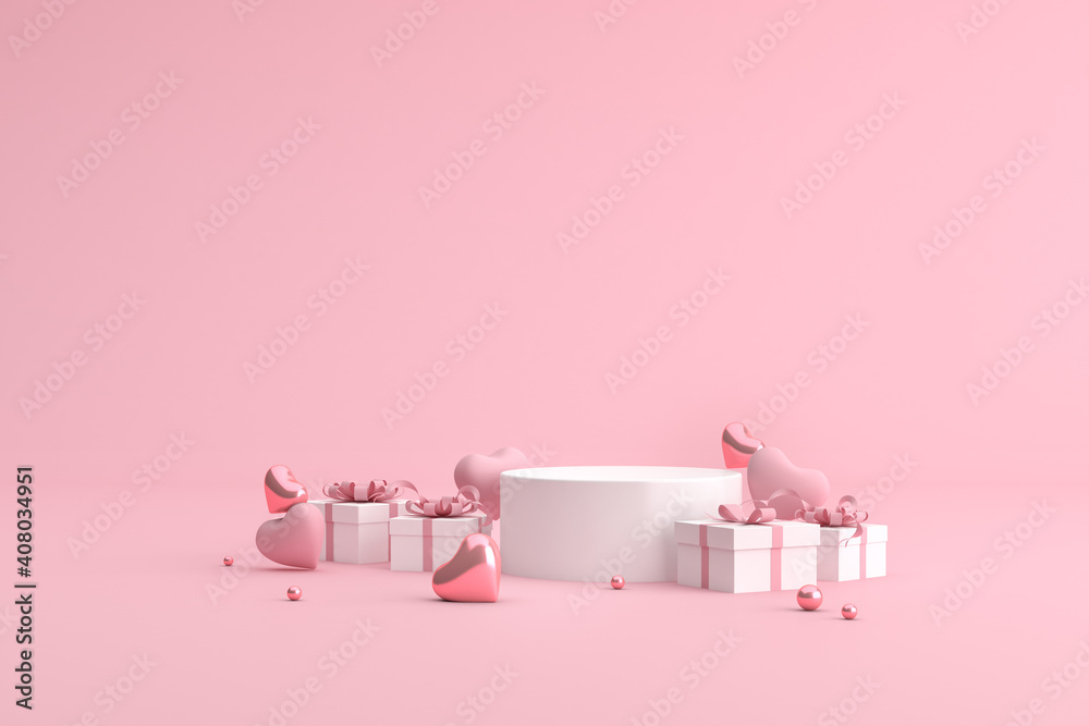 Poster mock up podium of gift box with balloons in heart shape. 3d rendering.