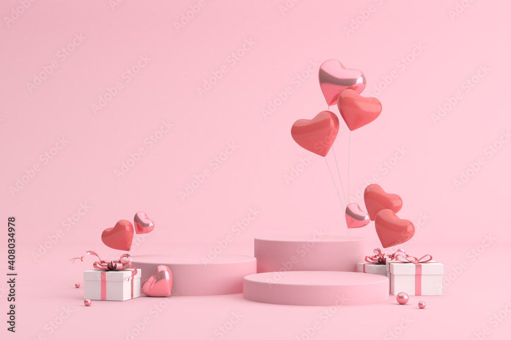 Aufkleber mock up podium of gift box with balloons in heart shape. 3d rendering.