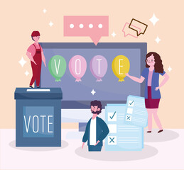 group of people give online vote and putting vote in to the ballot box
