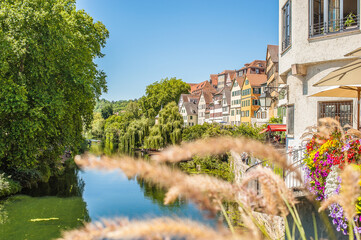 Fototapeta na wymiar Tuebingen, old city view by the Riverfront Neckar. Tübingen, Germany