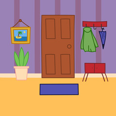 Cartoon style interior. Hallway, hand-drawn in a flat design. Door, hanger, coat, nightstand, umbrella, rug, flower pot. Vector stock illustration.