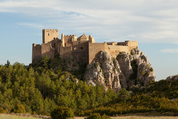 Fototapeta na wymiar Close-up exterior view of the medieval Castle of Loarre, Aragonese castle from the 11th and 12th century, Romanesque architectural style, Huesca province, Aragon, Spain, Europe.