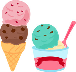 コーンとカップに盛ったアイスクリーム