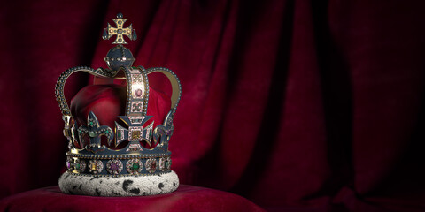 Royal golden crown with jewels on pillow on pink red background. Symbols of UK United Kingdom monarchy. - obrazy, fototapety, plakaty