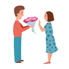 A man brings flowers to a shy woman. Vector flat illustration on a white isolated background. The boyfriend pays attention to his girlfriend.