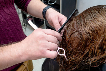 Hairdresser trimming hair with scissors. Hairstyling in progress