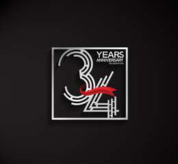 34 years anniversary logotype with square silver color and red ribbon can be use for special moment and celebration event