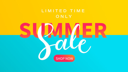 Summer sale banner, sea and sun in a simplified style with offer of large discounts in stores.Hot season clearance poster,invitation for shopping, special offer card, template for design.Vector - obrazy, fototapety, plakaty