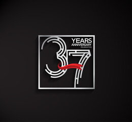 37 years anniversary logotype with square silver color and red ribbon can be use for special moment and celebration event