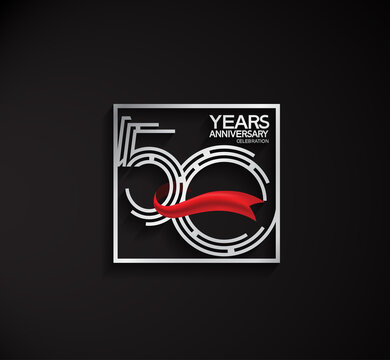 50 years anniversary logotype with square silver color and red ribbon can be use for special moment and celebration event
