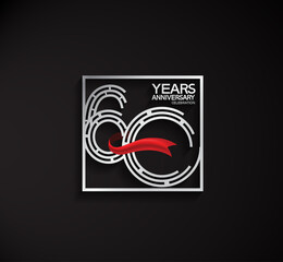 60 years anniversary logotype with square silver color and red ribbon can be use for special moment and celebration event