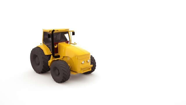 Yellow tractor with large wheels. Agricultural machinery, industrial machine. 3d picture. Illustration object isolated on white background.
