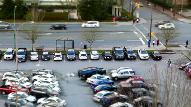 Top shot of parking lot with miniature effect