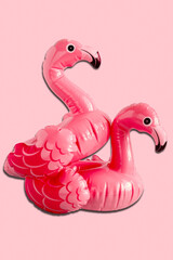 Couple of inflatable pink flamingo on a pink background. Funny sex concept. Valentine's day creative card.