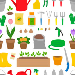 Seamless pattern gardening elements vector illustration. Garden tools.