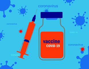 Coronavirus vaccine vector background. vaccine bottle and syringe injection tool for covid19 immunization treatment. Vector illustration.