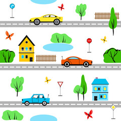 Cute seamless baby vector pattern with cars driving on road. Funny illustration for kids textile with repeated ornament of city transport on white background. Summer cityscape with auto, houses, trees