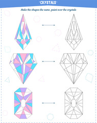 Coloring book to develop attention, spatial and motor skills. The task to color the crystals according to the sample