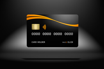 Black credit card mockup, dark background, 3d rendering