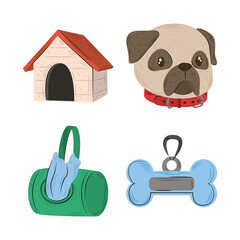 pets icon set, house bone collar dog and bags flat style