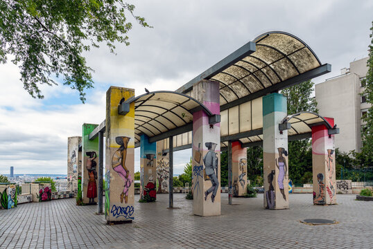 Paris, France - June 30 2020: Wall mural paintings by famous French street artist Seth Globepainter (Julien Malland) at the Parc de Belleville