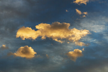 Dark blue sky with a few clouds in a dramatic sunset light