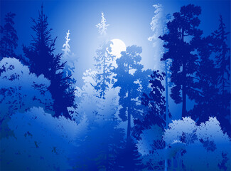 dark and light blue trees forest under moon