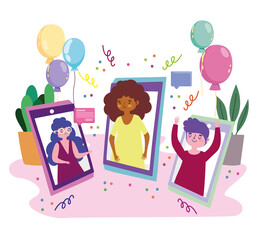 virtual party, people in video call mobile celebrating