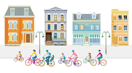 Obraz na płótnie Canvas Radfahrer im Vorort mit Wohnhäuser