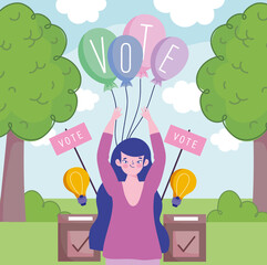 woman with balloon voting box idea, outdoor background