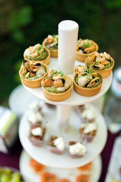 Tartlets with mussels buffet table outdoors