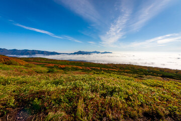 北海道・大雪山系の赤岳で見た、眼下に広がる紅葉と青空、迫り来る雲海
